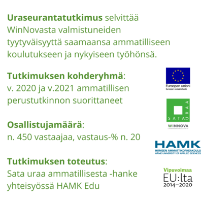 Uraseurantatutkimus selvittää WinNovasta valmistuneiden tyytyväisyyttä saamaansa ammatilliseen koulutukseen ja nykyiseen työhönsä. Kohderyhmä 2020-21 ammatillisen perustutkinnon suorittanee. Osallistujia noin 450.