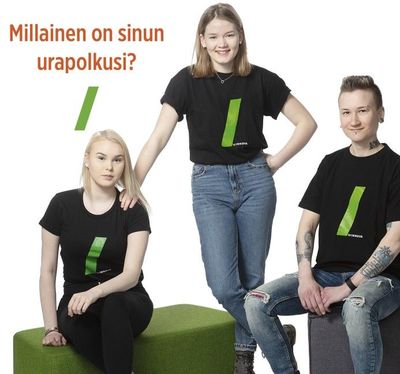 Kolme opiskelijaa ja yhteishaun motto Millainen on sinun urapolkusi.