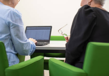 Kaksi ihmistä istuu kirkkaanvihreissä nojatuoleissa selin kuvaajaan. Vasemmanpuoleisella on vaaleansininen pusero, oikeanpuoleisella musta. He katsovat yhdessä kannettavan tietokoneen näyttöä.