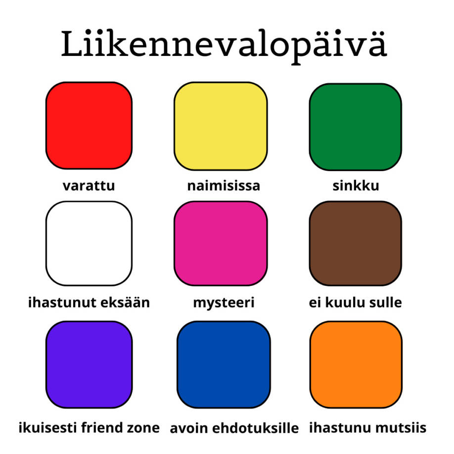 Liikennevalopäivän värikoodit.