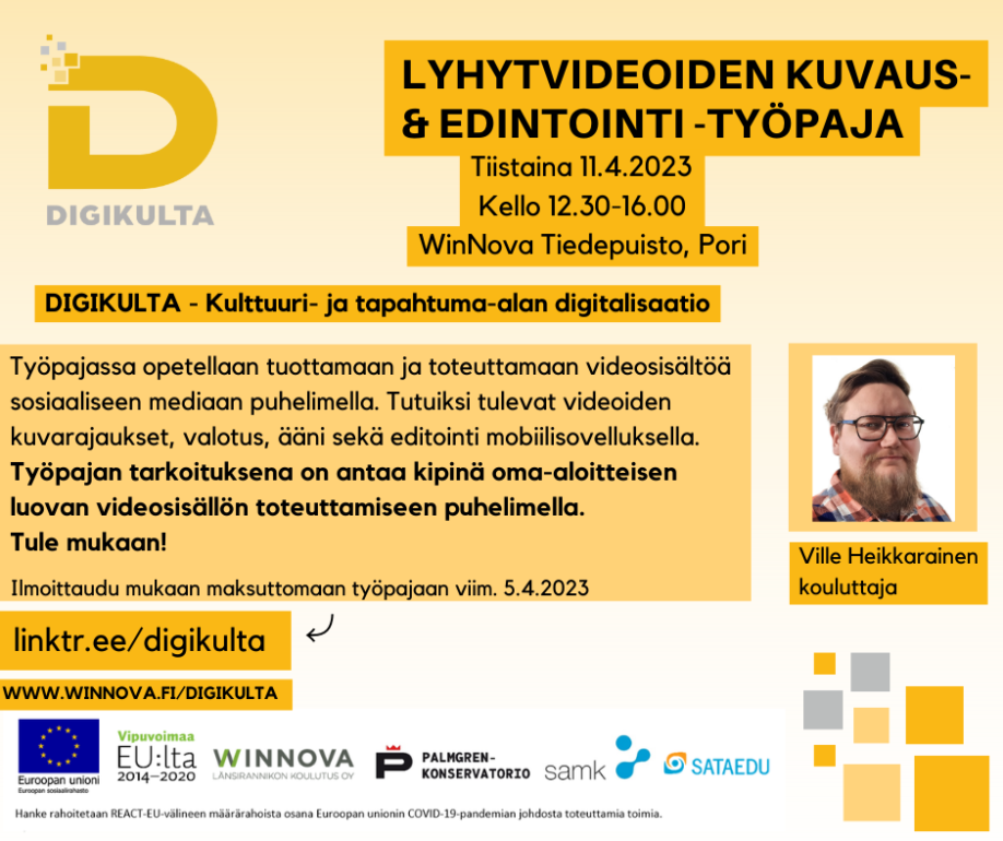 Lyhyt videoiden kuvaus ja editointi työpaja 11.4.2023 Porin WinNovan Tiedepuiston kampuksella Porissa