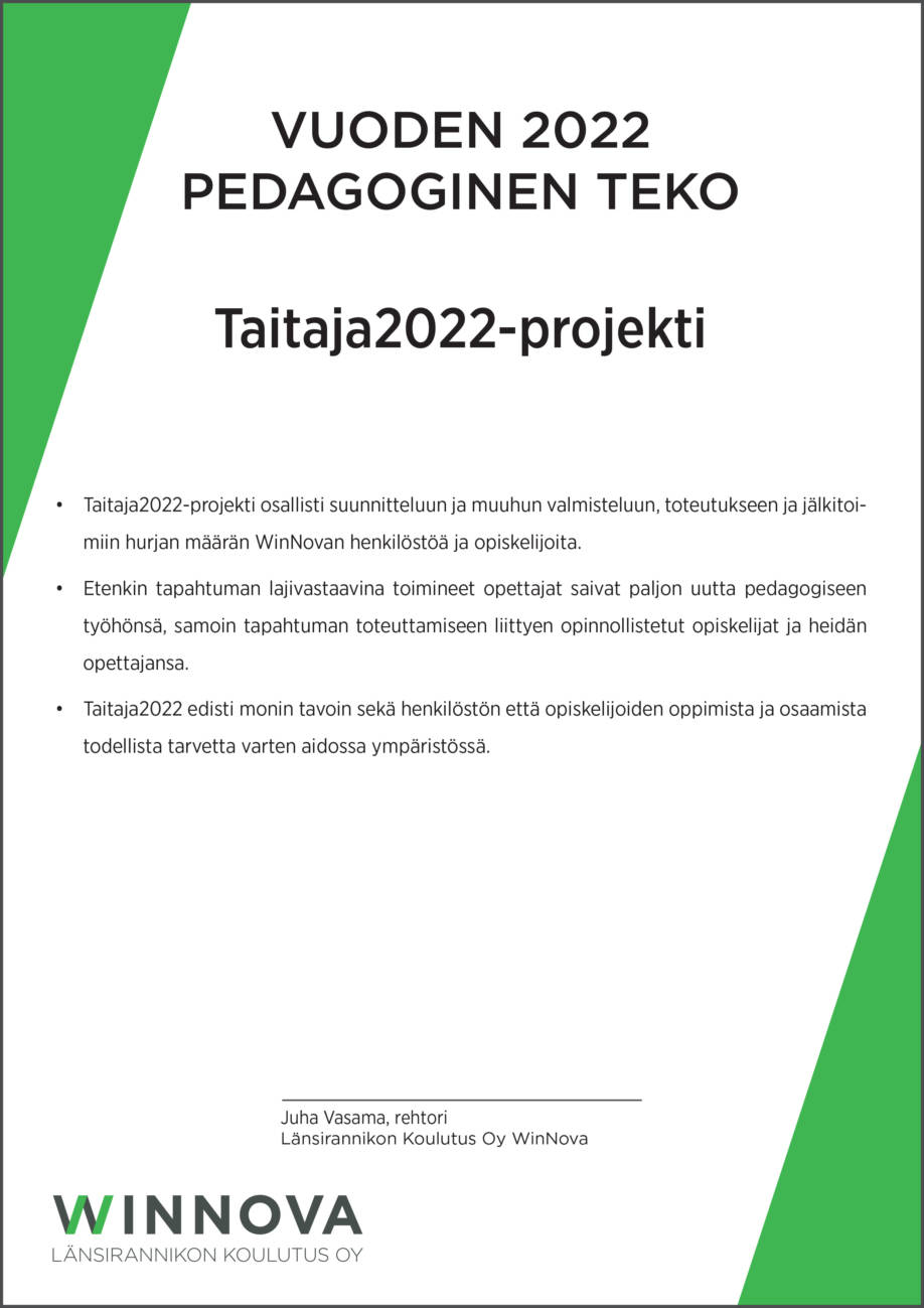 Vuoden 2022 pedagoginen teko -kunniakirja perusteluineen.