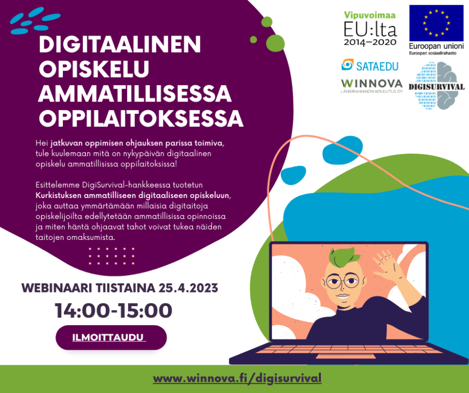 Digitaalinen opiskelu ammatillisessa oppilaitoksessa -webinaarin kutsu. Webinaari 25.4.2023 klo 14-15.