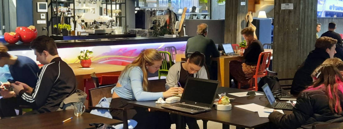 People working in cafe. There are laptos on tables.