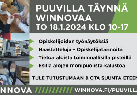 WinNovan mainoskuva Puuvillan tapahtumasta 18.1. Ohjelmassa työnäytöksiä, haastatteluja, toiminnallisia pisteitä ja kalustoesittelyä.