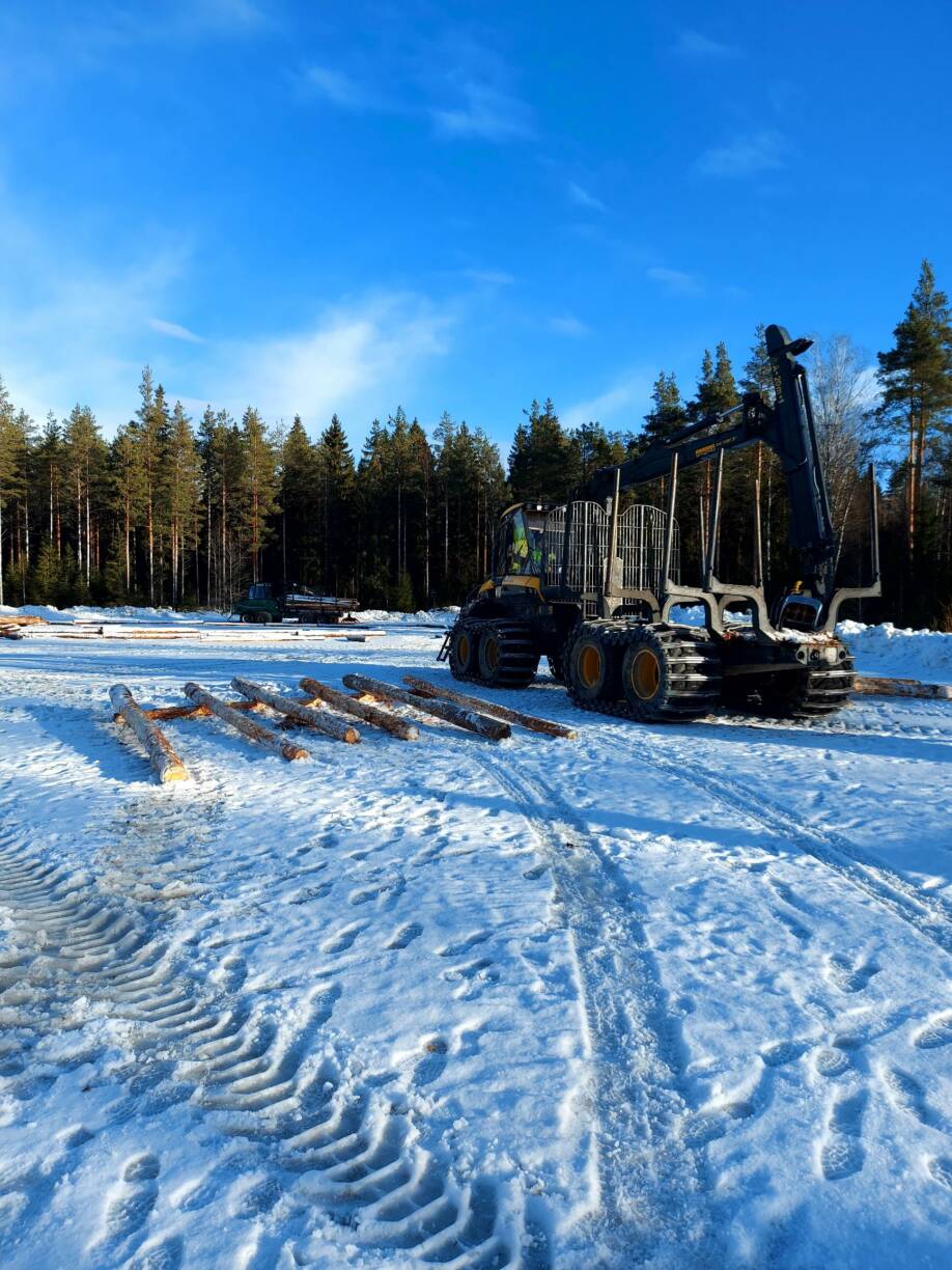 Kuormatraktori valmiina lastaamaan puita.