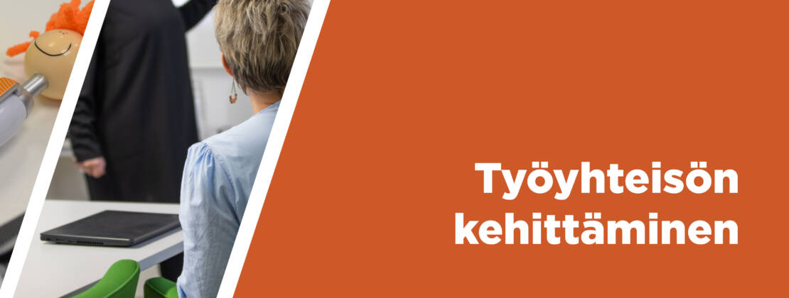 Työyhteisön kehittämisen banneri, kuvassa hymyilevä kynä sekä opetustilanne neuvotteluhuoneessa.