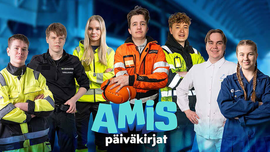 Amispäiväkirjaohjelman mainoskuva, jossa ohjelmassa mukana olevat opiskelijat seisovat ryhmässä työvaatteissaan.