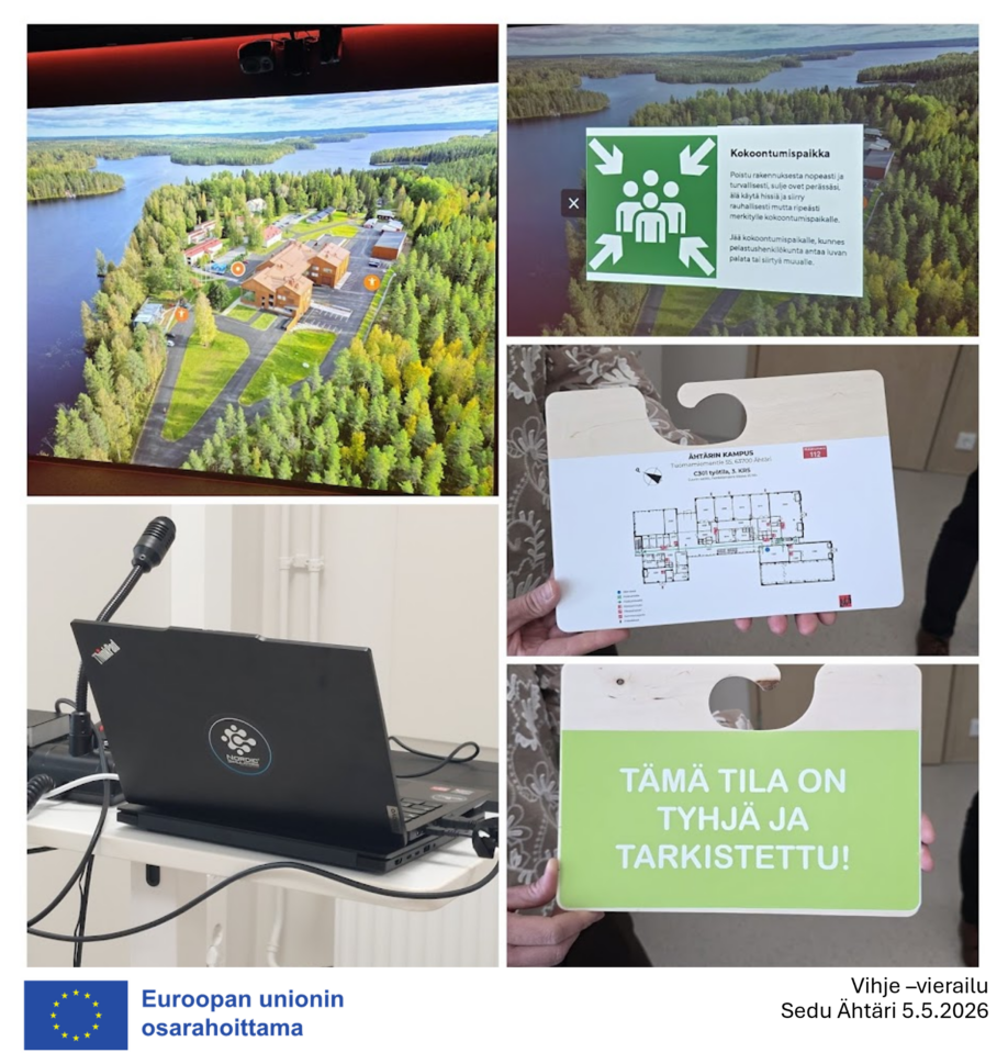 Erilaisia turvallisuusohjeita, -karttoja ja kokoontumispaikan merkki.