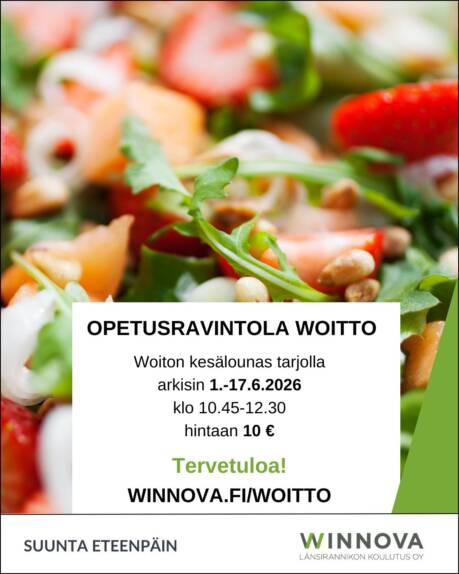 Woiton kesälounas tarjolla arkisin 1.-17.6. klo 10.45-12.30 hintaan 10 euroa. Tervetuloa.