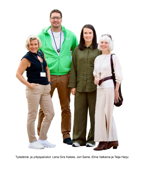 Työelämä- ja yrityspalvelujen tiimi: Lena Girs Kalske, Jori Saine, Elina Valkama ja Teija Harju.