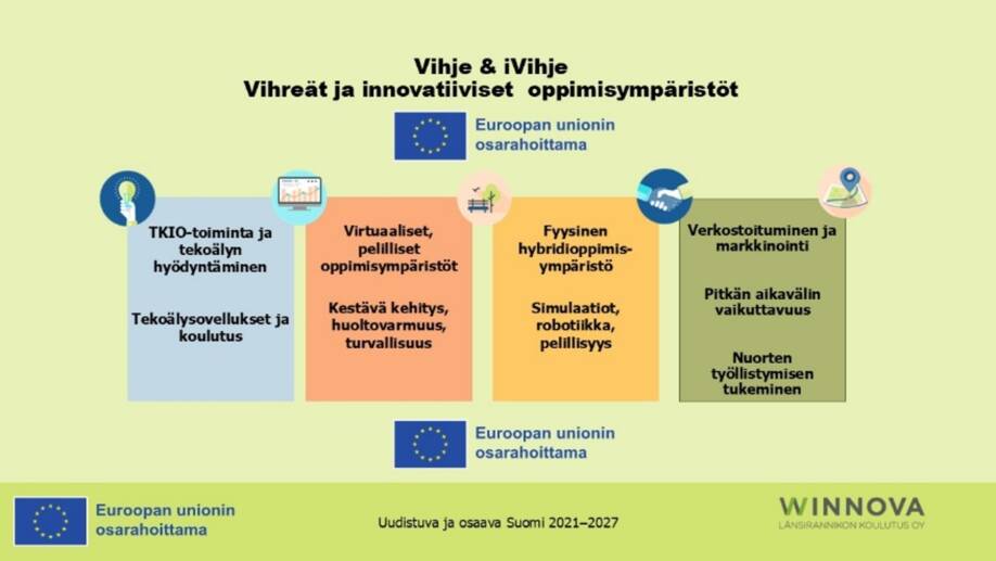 Vihje-hankkeeseen kuuluvat tekoäly ja sen hyödyntäminen, virtuaaliset oppimisympäristöt, kestävä kehitys, hybridioppimisympäristöt, simulaatiot ja verkostoituminen.